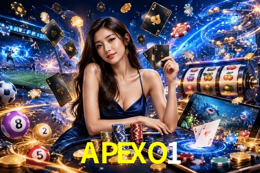 Escena dinámica inspirada en casino con iluminación APEXO1, cartas, fichas e íconos de juegos digitales en un espacio moderno de juegos.