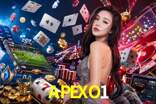 Una escena digital vívida inspirada en casino con APEXO1 mostrado prominentemente, luces brillantes, fichas, cartas y acentos dorados.