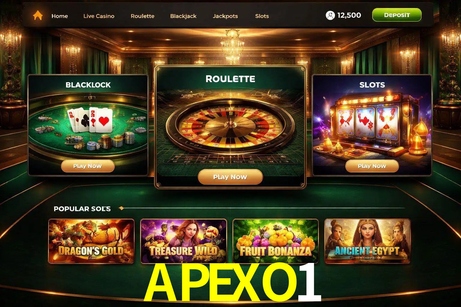 Vista de la plataforma APEXO1 Casino mostrando categorías organizadas de juegos en línea