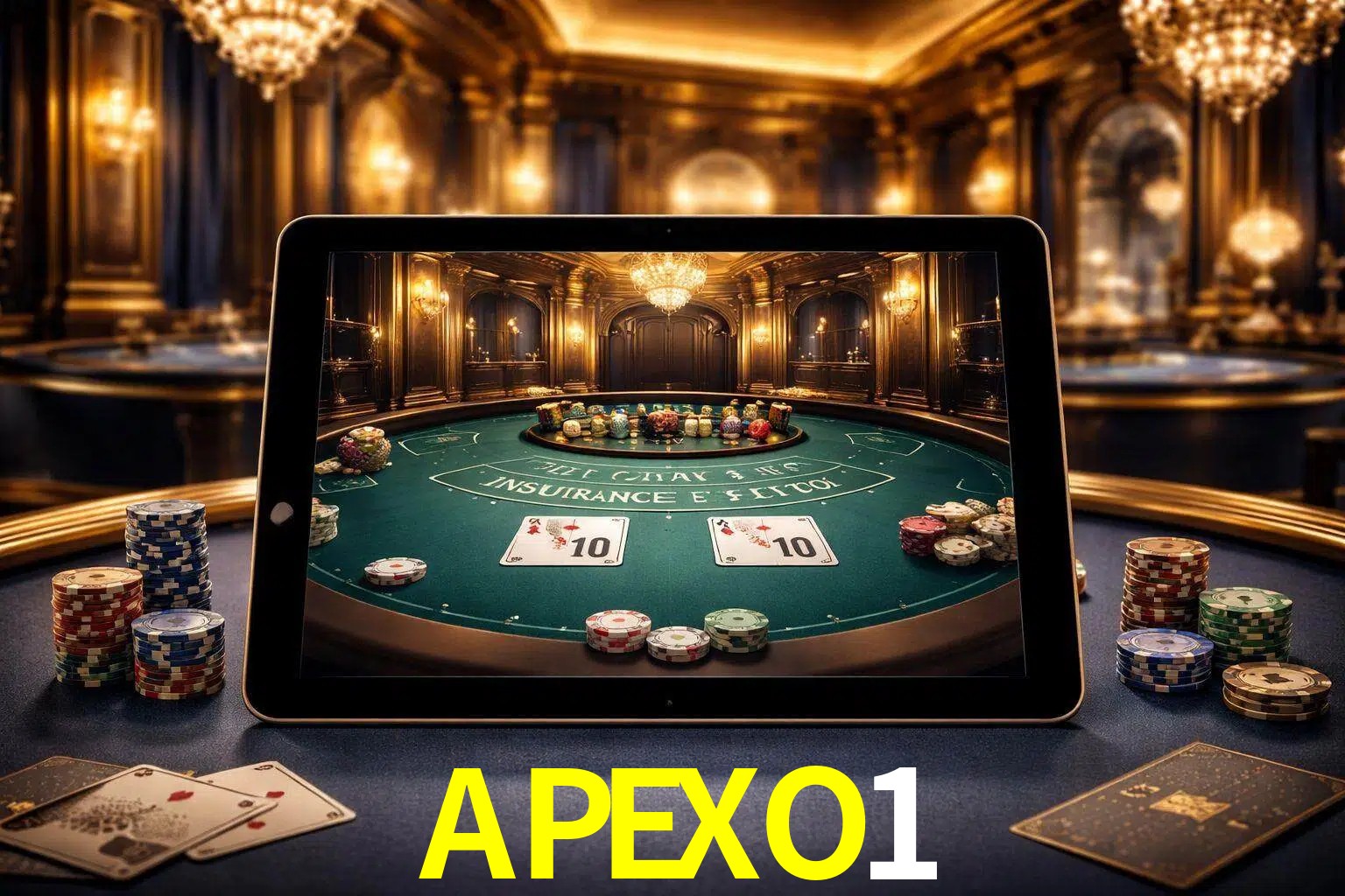 Configuración moderna de casino en vivo con una tableta mostrando una mesa de blackjack, luces cálidas de estudio y una atmósfera elegante de juegos digitales.