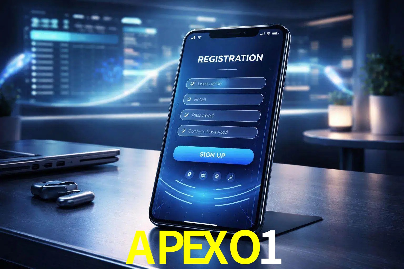 Una interfaz moderna de registro móvil para APEXO1 mostrada en un smartphone con un panel de apuestas elegante.